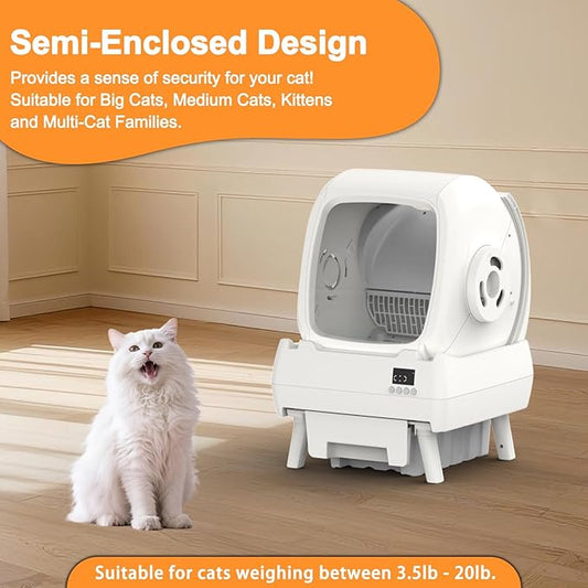 Automatic Cat Litter Box Self Cleaning - App Control, Cat Toilet Records, Suitable for Big Cats, Medium Cats, Kittens and Multi-Cat Families, Anti-Pinch, Low Noise【Assembly Required】- White