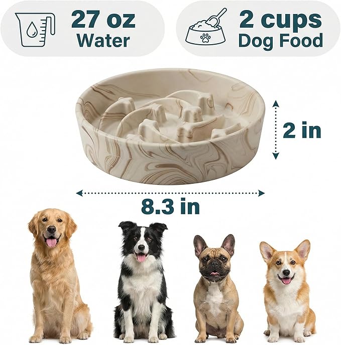 Stoneware Slow Feeder Dog Bowls Large Breed, 2 Cups Slow Eating Dog Bowl with Marble Pattern Design, Weighted Anti Gulping Food Bowl, Non Slip Puzzle Maze Pet Dishes for Fast Eaters, 8.3 inch