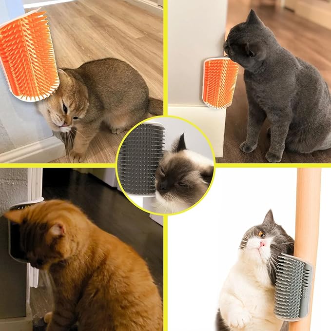 Cat Self Groomer – Wall Corner Grooming Brushes for Cats and Small Pets – Soft Silicone Massage Brush for Shedding Control and Face Rubbing (2 Orange + 2 Gray)