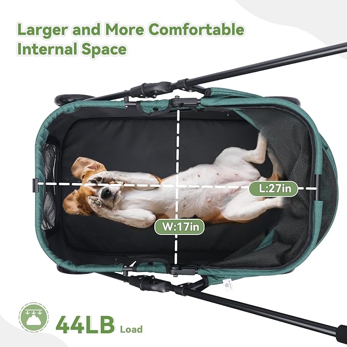 20% Larger Capacity, Wedyvko Dog Stroller for Medium/Small Pets w/Dog Poop Bags & Dispenser, Storage Pouch, Zipperless, Entry in/Out Easy (Dark Green)