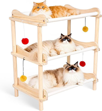 Large 3-Layer Cat Hammock Bed, 24"x15.7"x26.8" Elevated Cat Bed with Pine Wood Frame, Breathable Washable Covers, Wooden Pet Furniture for Indoor Cats and Small Animals(White, 3-Tier)