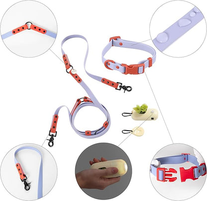 WLK1004E-5SET Luna Small 8FT Adjustable 6-in-1 Waterproof Hands-Free Leash and Collar with LED Flashlight, Bag Dispenser, and Poop Bag Holder, Sangria