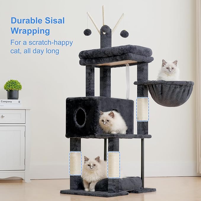 Heybly Cat Tree, 45.3-Inch Cat Tower for Indoor Cats with Large Perch, All-in-One Cat Furniture with Cozy Bed, Hidden Space Cat Condo, Comfy Hammock, Scratching Posts & 3 Pompoms, Smoky Gray HCT202SG