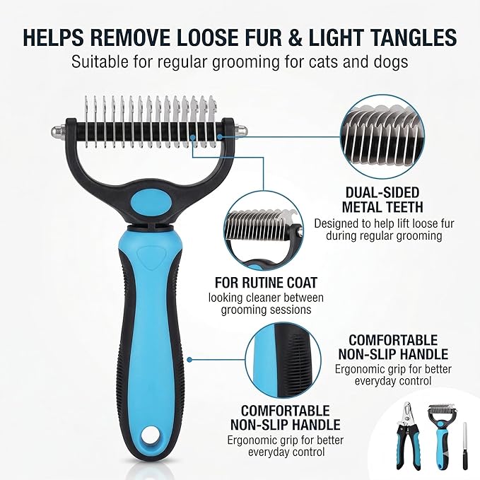 Kuzey Home Pet Nail Clipper & Deshedding Comb Set for Cats and Dogs, Safety Guard to Help Prevent Overcutting, Stainless Steel Blade, Non-Slip Handle, Includes Nail File