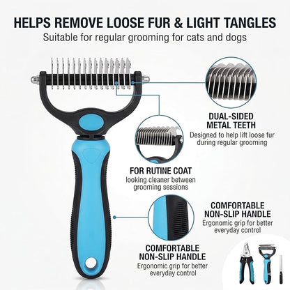 Kuzey Home Pet Nail Clipper & Deshedding Comb Set for Cats and Dogs, Safety Guard to Help Prevent Overcutting, Stainless Steel Blade, Non-Slip Handle, Includes Nail File
