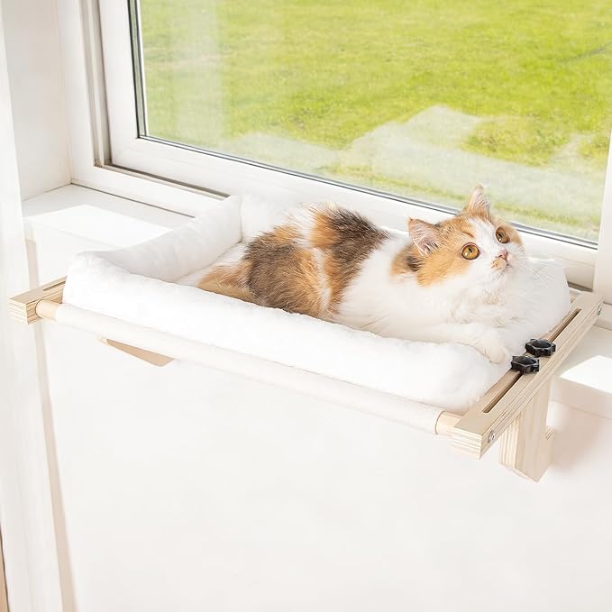 Cat Sill Window Perch - 100% Natural Pine Frame, Soft Rabbit Fur Cushion, Tool-Free Adjustment, Supports 50 lbs (Large-White)