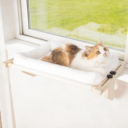 Cat Sill Window Perch - 100% Natural Pine Frame, Soft Rabbit Fur Cushion, Tool-Free Adjustment, Supports 50 lbs (Large-White)
