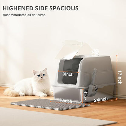 Stainless Steel Cat Litter Box Fully Enclosed, Extra Large Metal High Sided Cat Box with 120° Fully Transparent See-Through Flip Lid, Scoop & Mat - Grey - XL