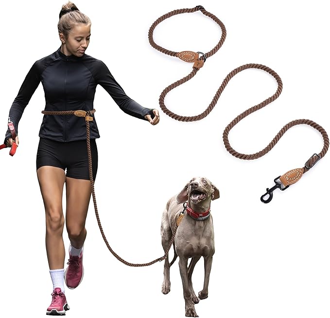 Mile High Life Hands Free Dog Leash, Crossbody Waist Leash with Genuine Leather Connection, Multifunctional Adjustable Slip Lead for Dog Walking Running (Dark Brown, 7FT)
