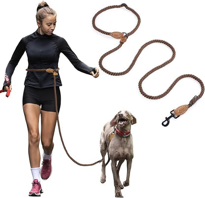 Mile High Life Hands Free Dog Leash, Crossbody Waist Leash with Genuine Leather Connection, Multifunctional Adjustable Slip Lead for Dog Walking Running (Dark Brown, 7FT)