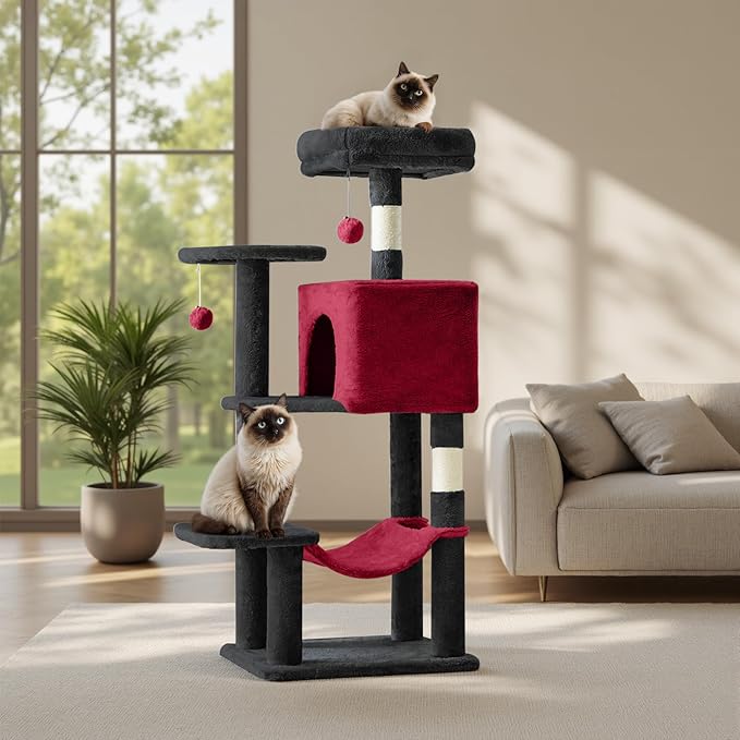 DUMOS Small 44 Inch Cat Tree Tower, Cat Climbing Tower with Natural Sisal Scratching Posts, Hammock, Pet Condo for Indoor Cats and Kittens Play, Black and Red