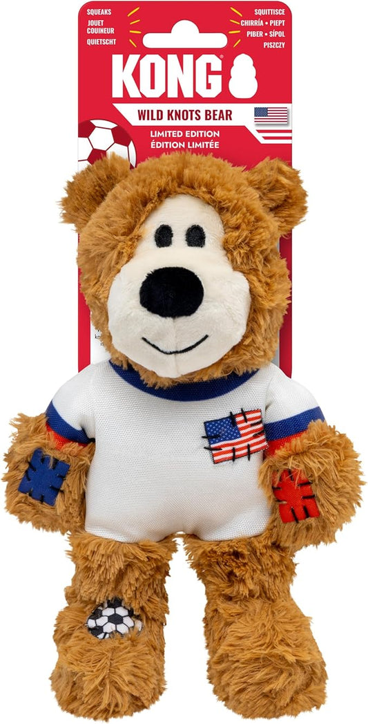 KONG Wild Knots Bear Soccer Player Dog Toy – USA – National Team Jersey Inspired – International Tournament Edition – Plush Rope Toy with Squeaker, Medium/Large