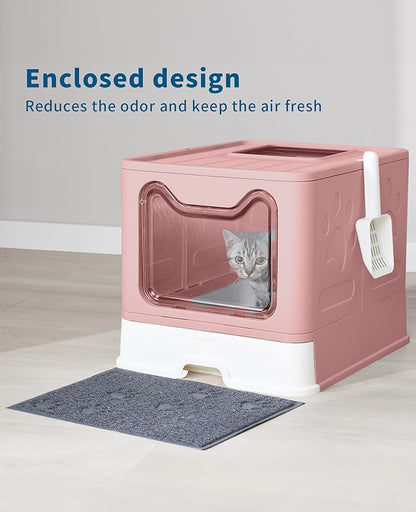 Cat Litter Box with Litter Mat and Scoop, Large Covered Litter Box with Lid, Front Entry Top Exit Kitty Box, Odor Control, Easy to Clean (Pink)