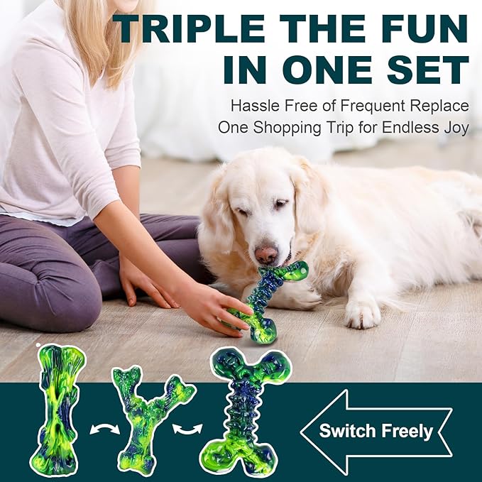 3-Pack Indestructible Dog Chew Toys for Aggressive Chewers, Peanut Butter Nylon Bones for Medium Large Dogs (25-90 lbs), Dental Chews for Boredom & Anxiety (Lucky Green)