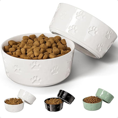 Ceramic Dog Bowl Set of 2 with Anti-Skid Base - 6.5" Wide x 2.5" Tall Ceramic Dog Bowls Medium Sized Dogs - 3.8 Cup Capacity Food and Water Bowls for Dogs - Rubber Bottom Pet Bowl Set of 2 Medium Size