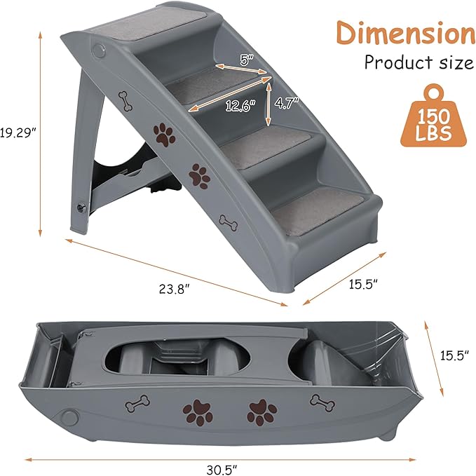 20" H 4-Step Dog Stairs for Small Dogs and Cats, Non-Slip Dog Steps for High Beds, Couch, Sofa, Sturdy Pet Steps (Grey)