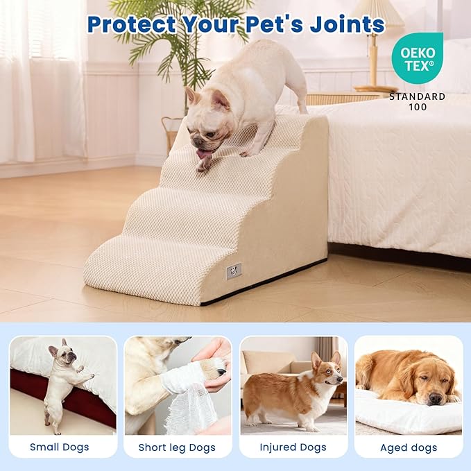 Dog Steps for Bed, 4 Step Pet Stairs for Small and Medium Dogs, Non-Slip Dog Ramp with Washable Cover, High-Density Support Foam for Easy Climbing,Beige