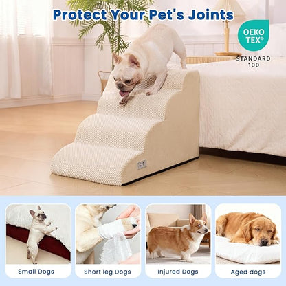 Dog Steps for Bed, 4 Step Pet Stairs for Small and Medium Dogs, Non-Slip Dog Ramp with Washable Cover, High-Density Support Foam for Easy Climbing,Beige