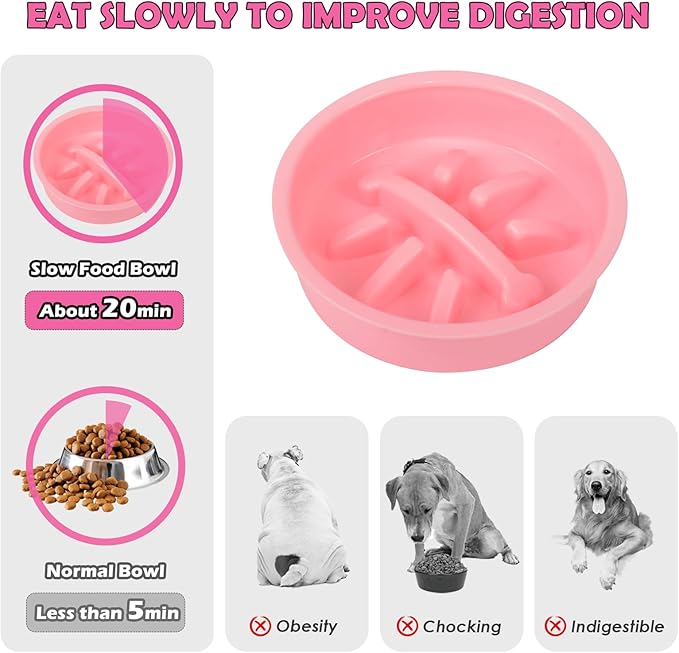 Adjustable Elevated Dog Bowl Stand with Slow Feeder, 2 x 58oz Stainless Steel Bowls, Raised Food and Water Holder for Medium and Large Dogs, Pink