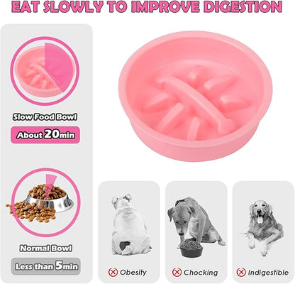 Adjustable Elevated Dog Bowl Stand with Slow Feeder, 2 x 58oz Stainless Steel Bowls, Raised Food and Water Holder for Medium and Large Dogs, Pink