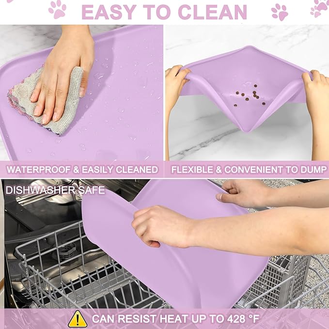 Silicone Pet Food Mat with Raised Edge for Food and Water Bowl, Dog Feeding Mats, Cat Food Trays for Floor Waterproof, Rubber Tray for Dogs and Cats, 22 x 14 x 0.8 Lavender