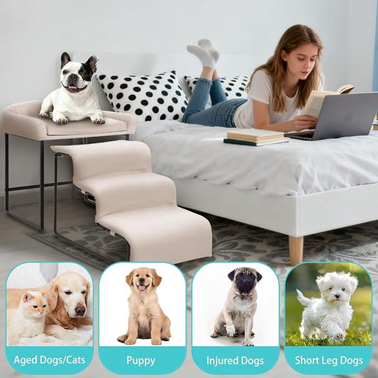 Dog Window Perch with Stairs,Pet Steps for Small Dogs &Cat,Pet Bunk Bed Dog Steps with Seat Elevated Platform Bed Indoor Dogs Ramp Ladder with Foam Upholstery