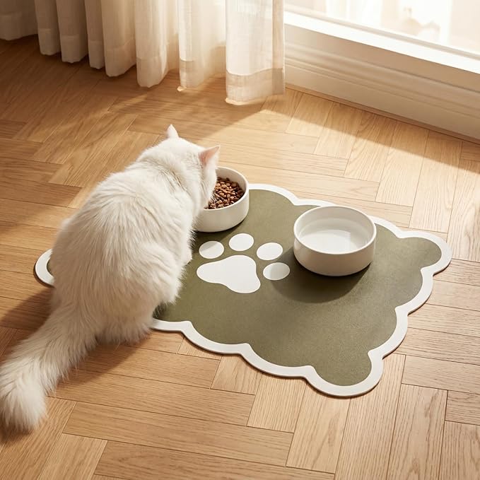Absorbent Pet Food Mat, Scalloped Edge Dog Cat Bowl Mat with Rubber Backing, Quick-Dry Leather Feeding Mat for Messy Drinkers, 16" x 24", Sage Green