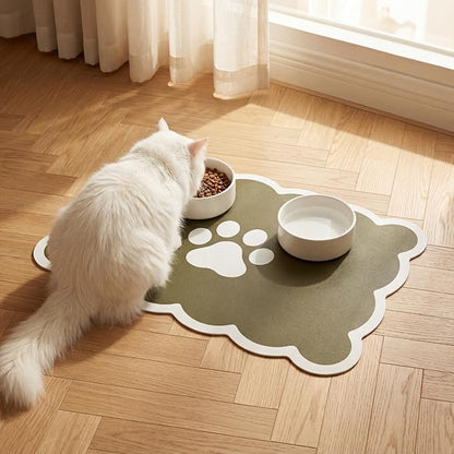 Absorbent Pet Food Mat, Scalloped Edge Dog Cat Bowl Mat with Rubber Backing, Quick-Dry Leather Feeding Mat for Messy Drinkers, 16" x 24", Sage Green