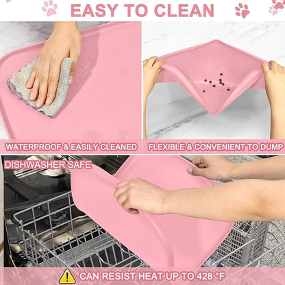 Silicone Pet Food Mat with Raised Edge for Food and Water Bowl, Dog Feeding Mats, Cat Food Trays for Floor Waterproof, Rubber Tray for Dogs and Cats, 22 x 14 x 0.8 Sakura Pink