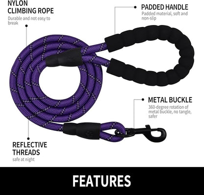 5/6 FT Strong Pet Dog Leash with Soft Padded Handle,Highly Reflective Rope for Night Walking,360-Degree Rotating Metal Buckle Without Tangles,Suitable for Small,Medium and Large Dogs.(5ft)