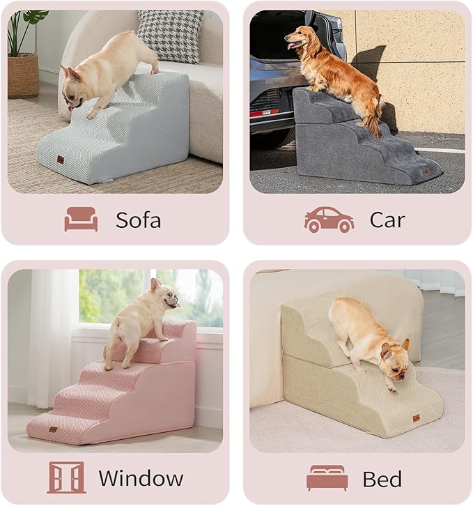 Made4Pets Dog Stairs Ramp for Small Dogs 15.7" H, 3-Step Dog Steps for Bed Couch Sofa and Chair, 35D Foam Pet Steps for Small Dogs and Cats, Non-Slip Bottom Pet Stairs, Pink
