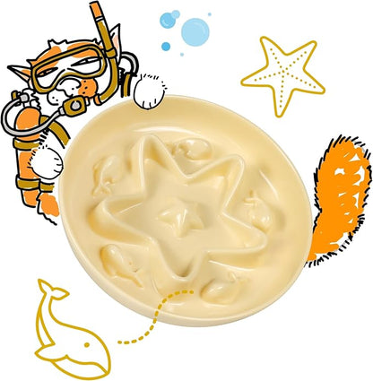 Cat Slow Feeder Bowl – Whisker Friendly Melamine Puzzle Feeding Bowl for Slow Eating – Wet & Dry Food – Dishwasher Safe, Lightweight, Non-Slip (Buttercream, 6.3'')