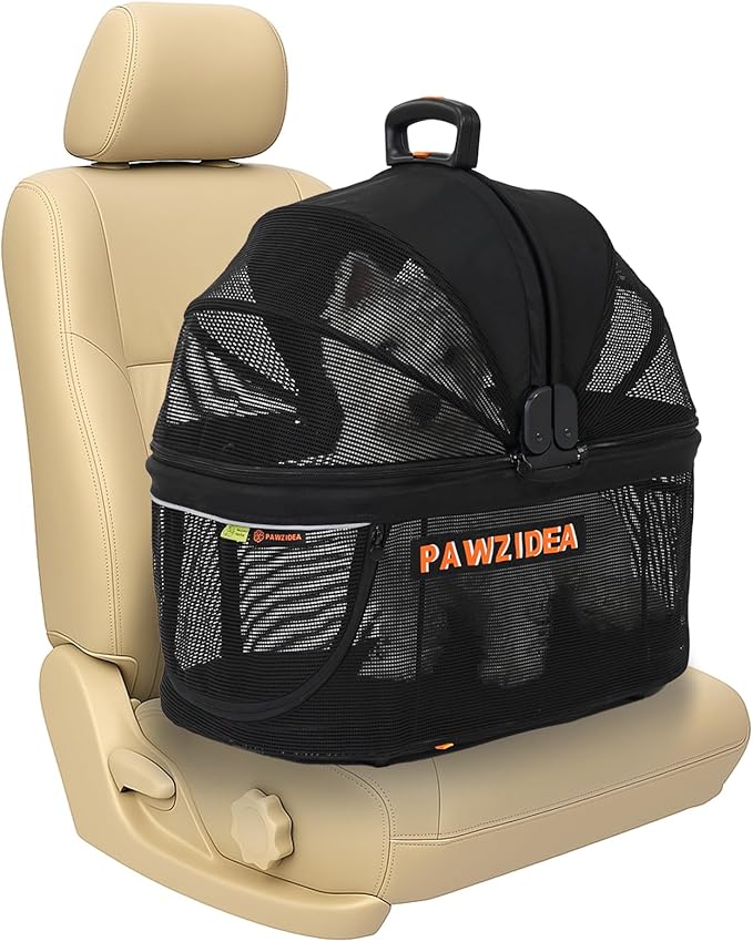 PAWZIDEA Portable Small Dog Crate for Car Travel up to 33lb, Enclosed Dog Car Seat Soft-Sided, Escape-Proof Reversible No-Zip Canopy, Foldable Pet Carrier Seatbelt for Small Medium Puppy & Cats Kennel