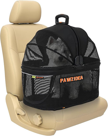 PAWZIDEA Portable Small Dog Crate for Car Travel up to 33lb, Enclosed Dog Car Seat Soft-Sided, Escape-Proof Reversible No-Zip Canopy, Foldable Pet Carrier Seatbelt for Small Medium Puppy & Cats Kennel