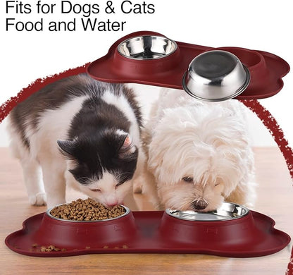 Dog Bowls 2 Stainless Steel Bowl for Pet Water and Food Feeder with Non Spill Skid Resistant Silicone Mat for Pets Puppy Small Medium Cats Dogs
