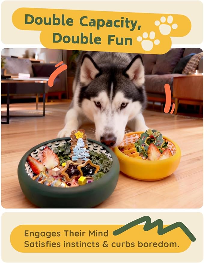Dog Lick Bowl 2PCS, Silicone Lick mat with Non-Slip Suction Base, Freeze-Friendly Slow Feeder Bowl for Dog Enrichment, Small Orange & Medium Dark Green (5.7" x 1.95" & 6.9" x 2.35")