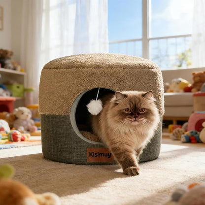 Cat Bed Cave for Indoor Cats, 2-in-1 Foldable Cat Cave & Lounge Bed with Reversible Cushion, Calming Anti-Anxiety Enclosed House for Small Dogs & Puppies, Donut Cozy Hideaway, 17.5 Inches (Brown)