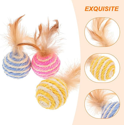 3pcs Cat Toys Balls, Interactive Feather Sisal Ball for Indoor Cats, Rolling Toys Design for Exercise and Fun, 1.96 Inch Size - Random Color