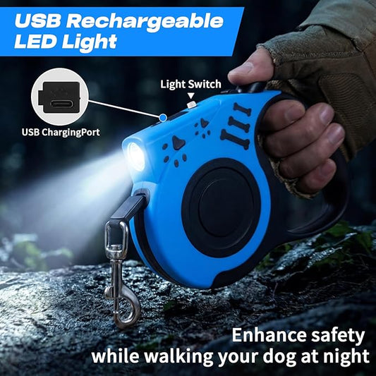 Retractable Dog Leash with USB Rechargeable Flashlight for Night Walks, 16FT Automatic Telescopic Tractor Dog Leash for Small and Medium Dogs, Blue