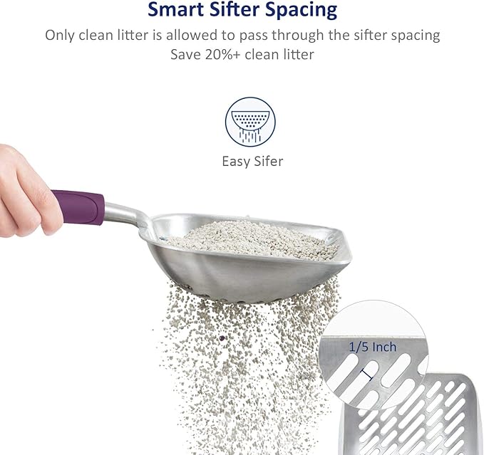 WePet Cat Litter Scoop, Aluminum Alloy Sifter, Kitty Metal Scooper, Deep Shovel with Diagonal Sifting Hole, Long Handle, Kitten Poop Lifter for Litter Box, Large Size, Violet Handle