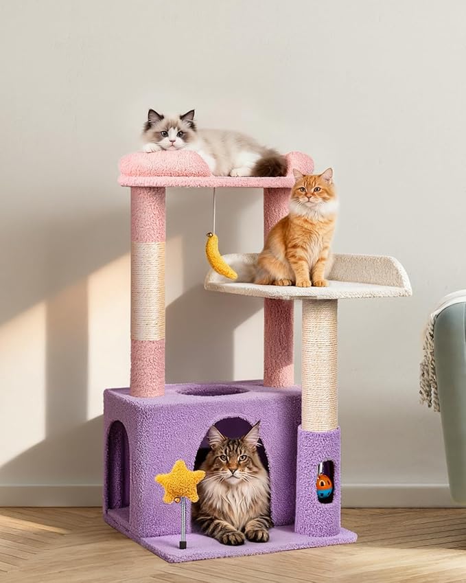 31" Cute Cat Tower for Indoor Kittens with Cat Condo, Plush Platform, Hammock, Sisal Scratching Posts, Dangling Ball, Tall Cat Tree Tower with Self-Grooming Brush (Moonlit Violet)