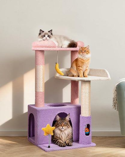 31" Cute Cat Tower for Indoor Kittens with Cat Condo, Plush Platform, Hammock, Sisal Scratching Posts, Dangling Ball, Tall Cat Tree Tower with Self-Grooming Brush (Moonlit Violet)