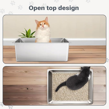 Kirecoo Stainless Steel Cat Litter Box XL- Metal High Sided Cat Pan, Large Stainless Steel Box, Indoor Litter Tray, Non Stick, No Smell, Easy to Clean, Pet Toilet Supplies for Kitten, Kitty, Rabbit