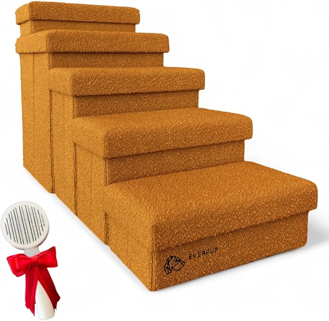 5-Step Dog Stairs for Small, Medium Dogs with Storage Box - Durable Folding Pet Steps, Padded Lid and Container; Dog Steps for Bed and Couch + Hair Brush Gift (Terracotta, Large, 5.0)
