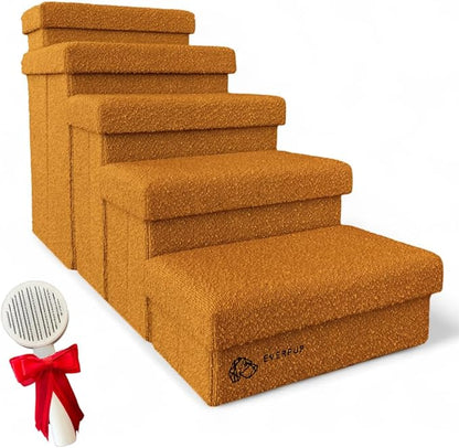 5-Step Dog Stairs for Small, Medium Dogs with Storage Box - Durable Folding Pet Steps, Padded Lid and Container; Dog Steps for Bed and Couch + Hair Brush Gift (Terracotta, Large, 5.0)