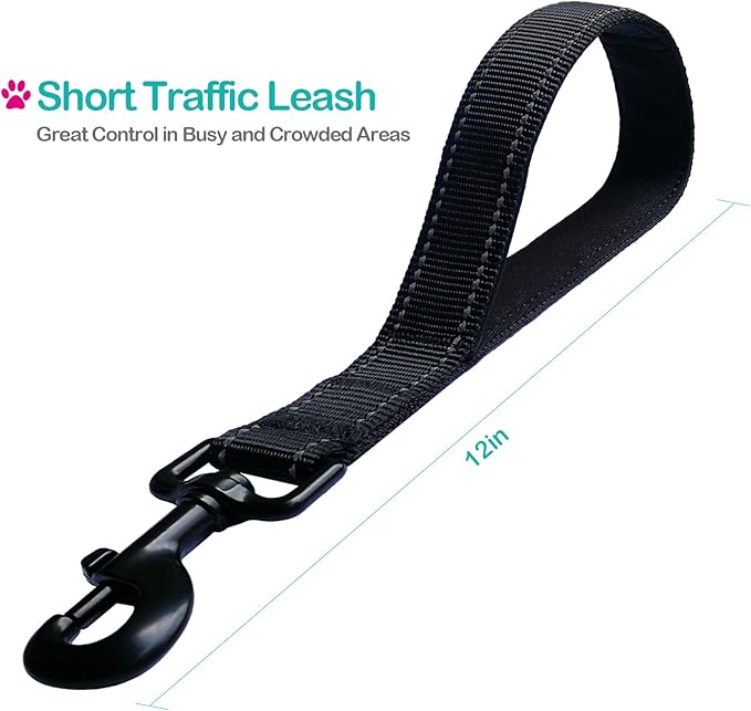 Short Dog Leash - Traffic Padded Handle - Heavy Duty - Short Nylon Dog Lead for Training Control - Reflective Threads Pet Leashes for Large Dogs and Medium Dogs (12 Inch, Black)