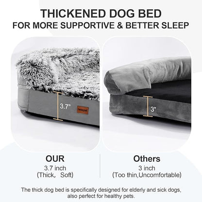 Fluffy 3.7 inch Thickened Orthopedic Dog Beds for Large Dogs, Supportive Dog Sofa Bed with 28D Egg-Crate Foam, Removable Washable Plush Cover, Waterproof Lining, Cozy Oval Design, Grey