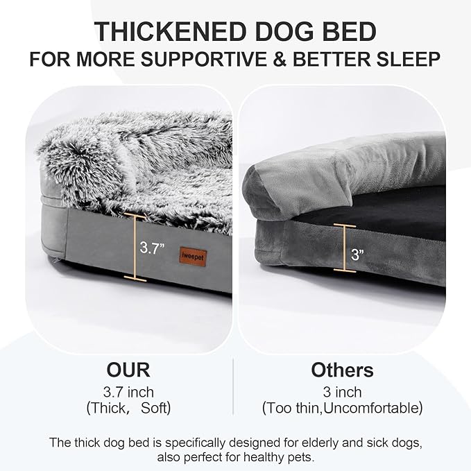 Fluffy 3.7 inch Thickened Orthopedic Dog Beds for Extra Large Dogs, Supportive Dog Sofa Bed with 28D Egg-Crate Foam, Removable Washable Cover, Waterproof Lining, Cozy Oval Design,Grey