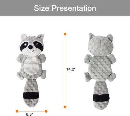 No Stuffing Squeaky Dog Toys Plush Chew Toy for Small Medium Puppy Large Breed, Stuffless Cute Animal Plush Toy for Indoor Play, Tough Durable Teething Interactive Gift, Raccoon,Gray
