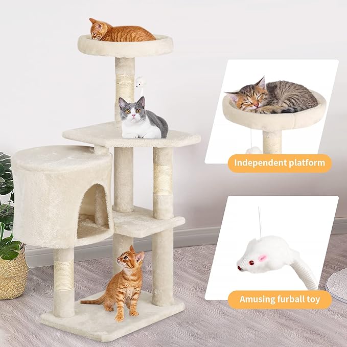 BestPet | 36" Cat Tree Tower | Beige | Sturdy Multi-Level Cat Tree with Plush Condo, Cozy Perch, Sisal Scratching Posts, Hanging Toy and Stable Frame | Easy Assembly | for Kittens & Adult Cats
